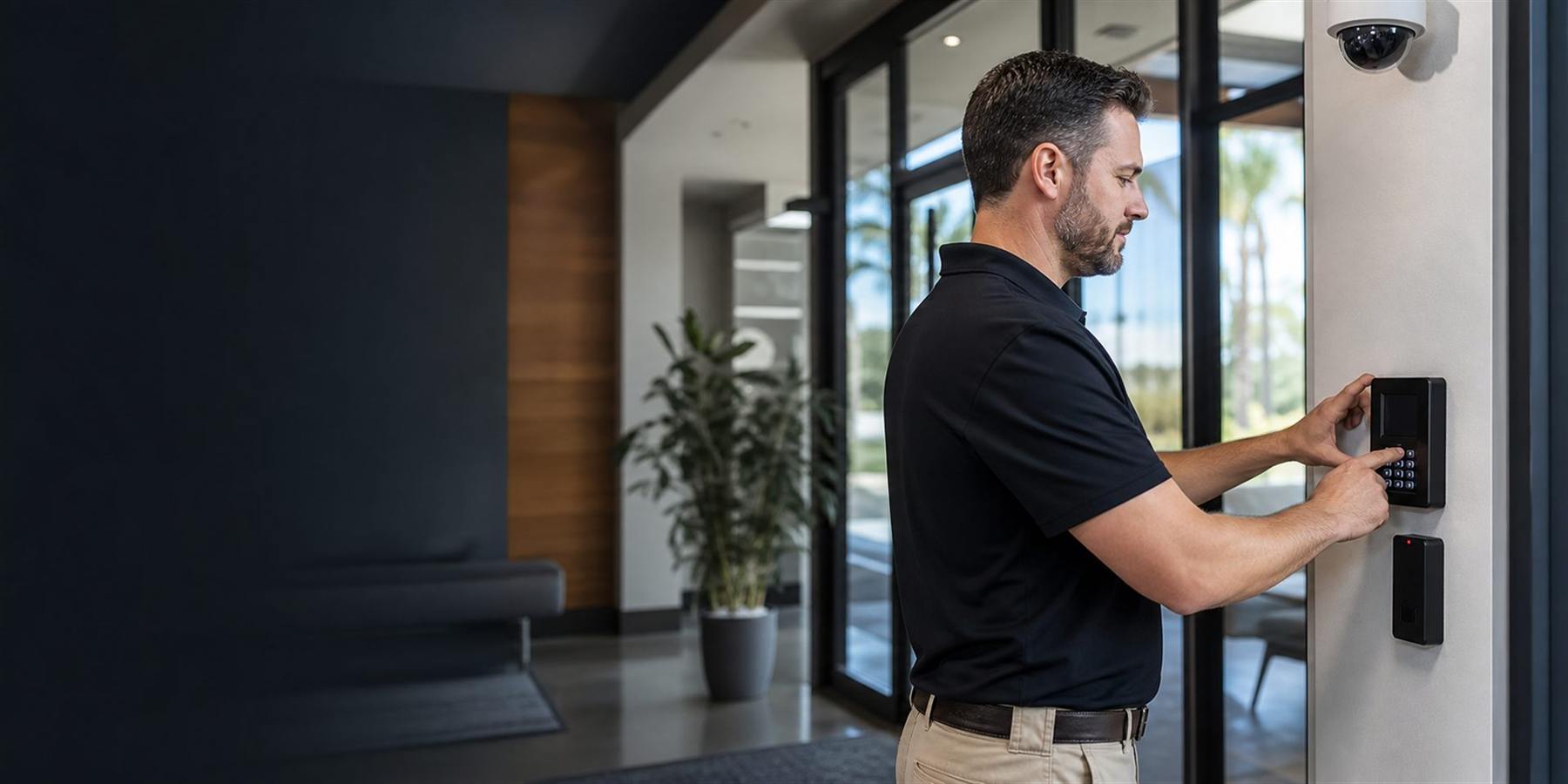 Security technician installing commercial access control and surveillance equipment